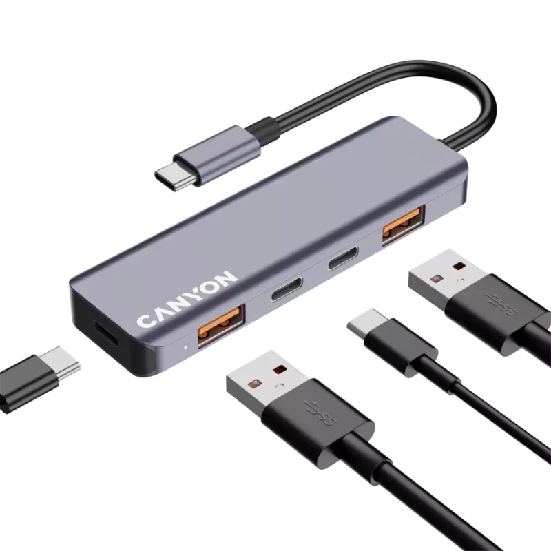 Canyon DS-18 - USB-C jaotur - 5 porti - 1x USB-C 5V alalisvoolu laadimine - 2x USB-C - 10Gbps - 2x USB 3.2