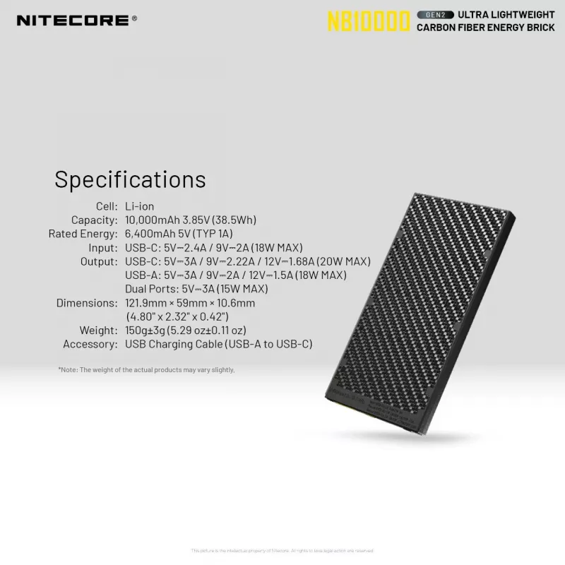 Portable Power Bank Nitecore NB10000 — 10000 mAh, USB‑A + USB‑C, 38W total output, hall