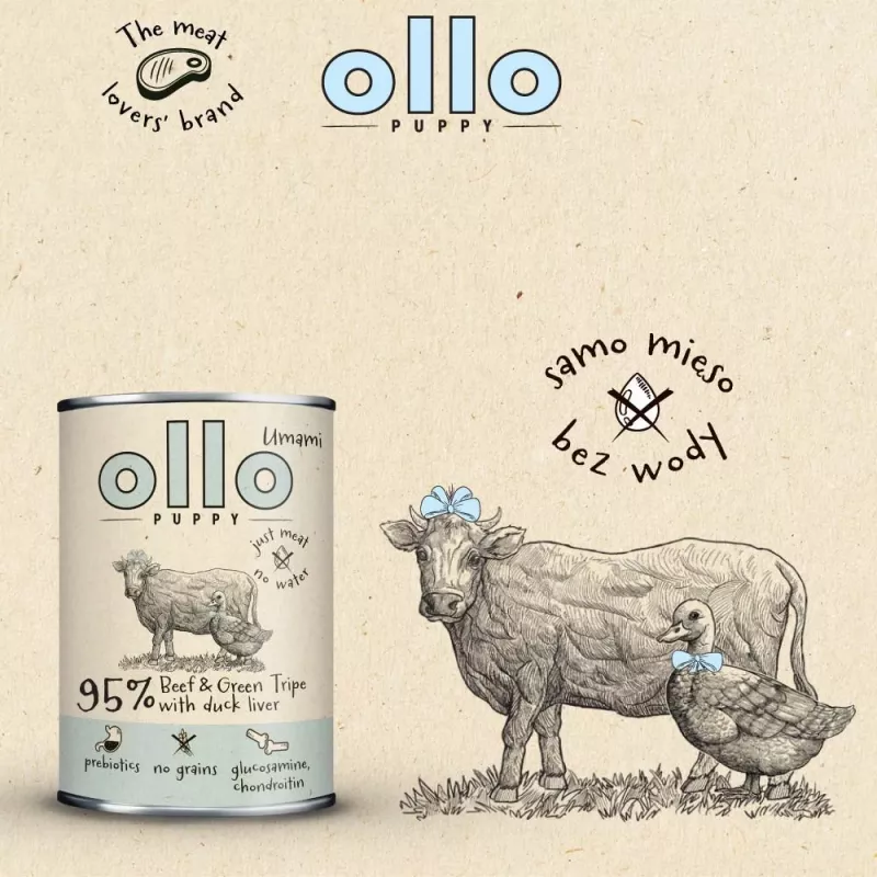 OLLO Puppy Umami Beef and Green Tripe with Duck Liver - märg koeratoit - 850g
