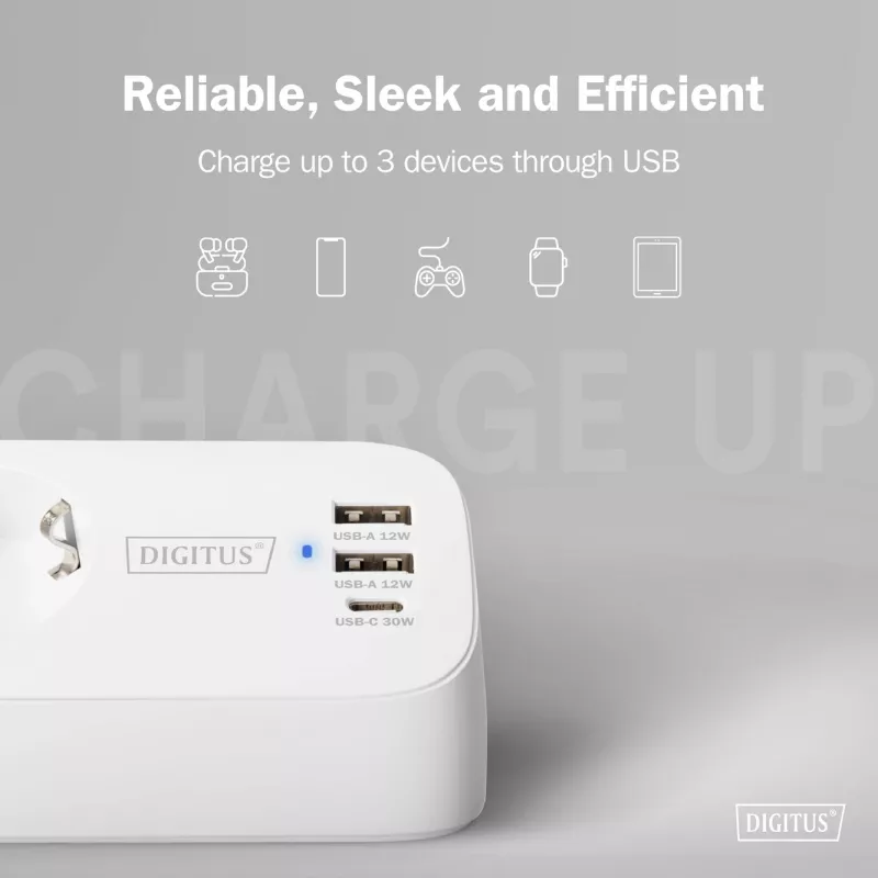 Pistikupesadega pikendusjuhe DIGITUS 3-ooline, 2×USB-A ja 1×USB-C, 3 vahelduvvoolu pistikupesa tüüp E/F, 1,5 m kaabel, valge
