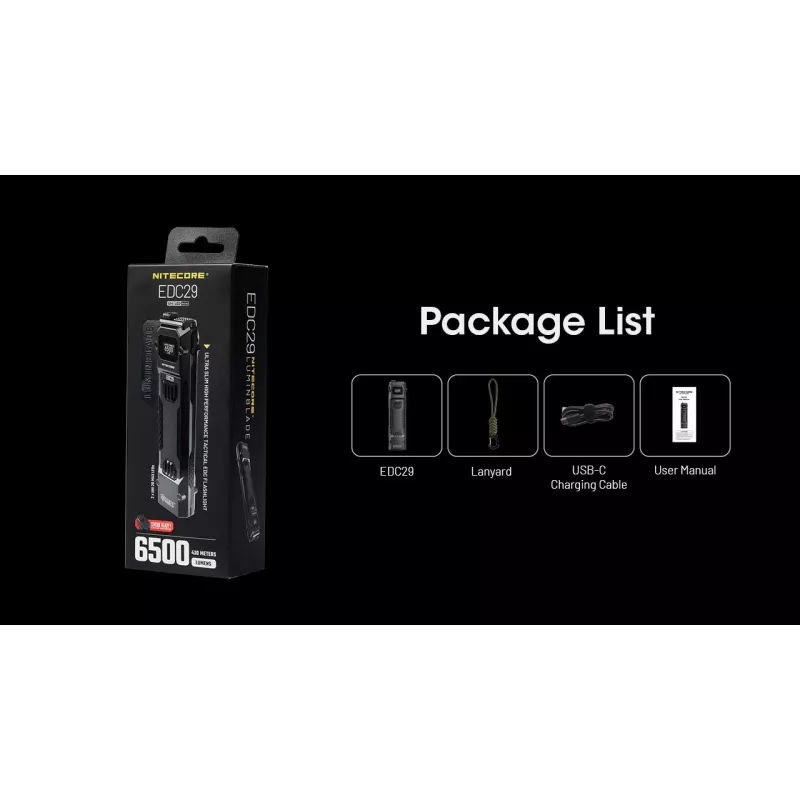 Käsitaskulamp Nitecore EDC29 roostevabast terasest korpus, 2 LED-i, 15–6500 lm, IP54, USB-laetav