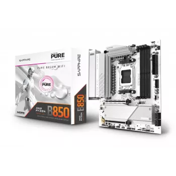 Emaplaat Sapphire PURE B850M WIFI Micro ATX — AMD B850, pesa AM5, DDR5 kuni 8000 MHz, 4 DIMM, Wi‑Fi 6, 2,5 Gb LAN, 2× M.2, PCIe 5.0 x16