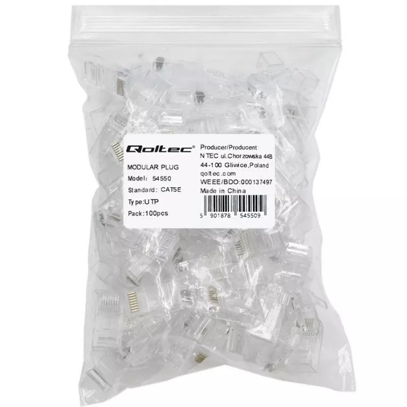 Modulaarne RJ45-pistik QOLTEC 54550 CAT5e UTP, 100 tk pakend