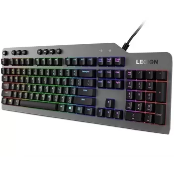Mehaaniline mänguriklaviatuur Lenovo Legion K500 — täissuuruses 104-klahviline USB, QWERTY US English, RGB taustvalgustus, hall/must