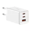 Seinakallija Baseus GaN5 Pro 65W — USB + 2×USB-C (QC3.0, PD3.0) koos 1 m USB-C kaabliga, valge