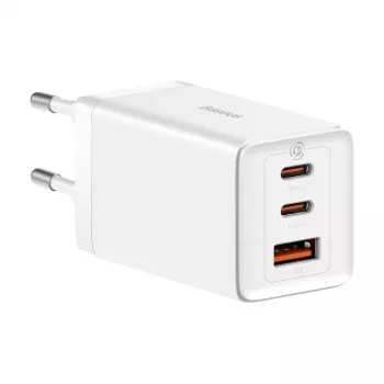Seinakallija Baseus GaN5 Pro 65W — USB + 2×USB-C (QC3.0, PD3.0) koos 1 m USB-C kaabliga, valge