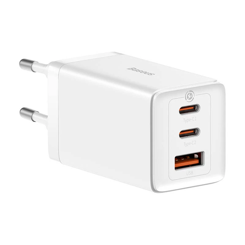 Seinakallija Baseus GaN5 Pro 65W — USB + 2×USB-C (QC3.0, PD3.0) koos 1 m USB-C kaabliga, valge