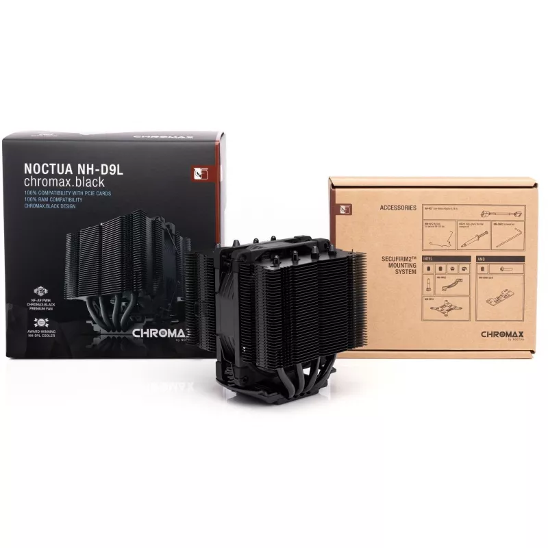 CPU jahuti Noctua NH-D9L CHROMAX.Must — 92 mm ventilaator, 400–2000 p/min, 22,6 dB, mõõdud 95×95×110 mm, kaal 531 g