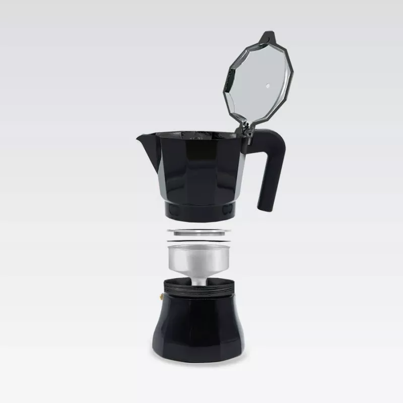 Moka pot Maestro MR-1658-3 — alumiiniumist pliidikann, 3 tassi (0,15 L), must, hingedega kaas