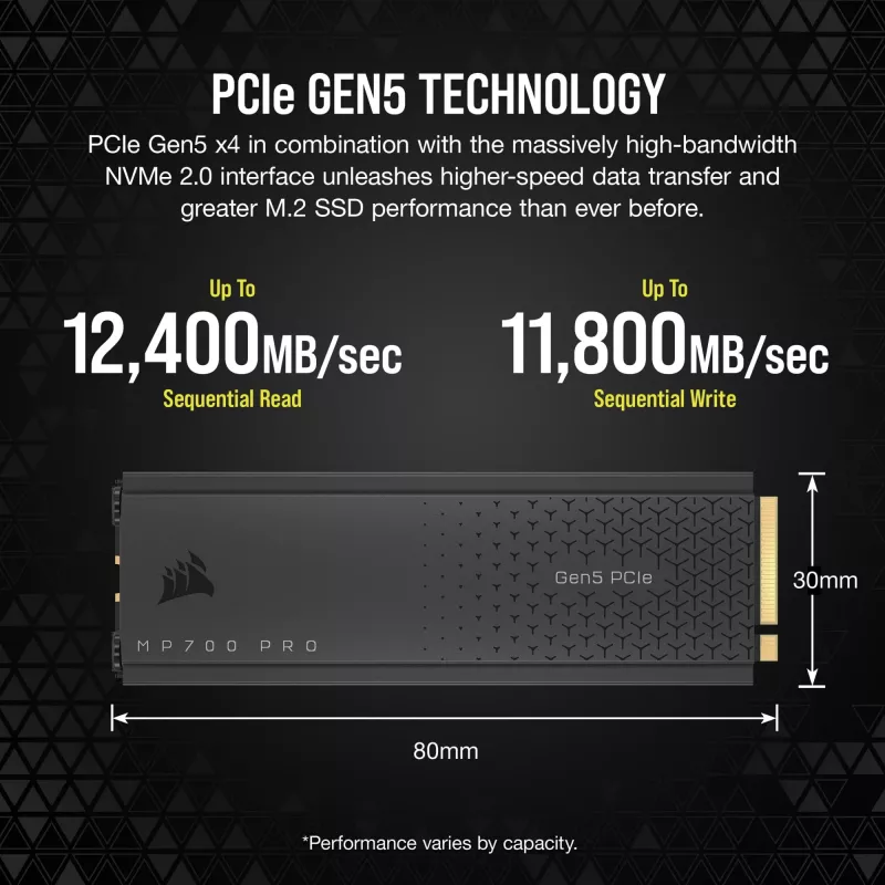 CORSAIR MP700 PRO - SSD - 1TB - sisemine - M.2 2280 - PCI Express 5,0 x4 (NVMe) - 256-bitine AES (CSSD-F1000GBMP700PRO)