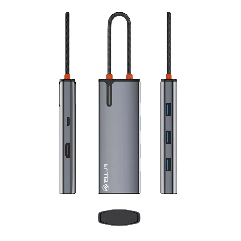 USB-C hubi Tellur TLL321061 koos PD 3.0 100W, HDMI väljundi ja 3× USB 3.0 pordiga