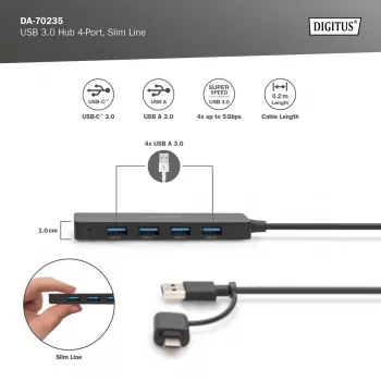 USB-jaotur, Digitus, DA-70235, 4-pordiline, USB 3.2 Gen 1, Type-A ja USB-C, 12000 Mbit/s