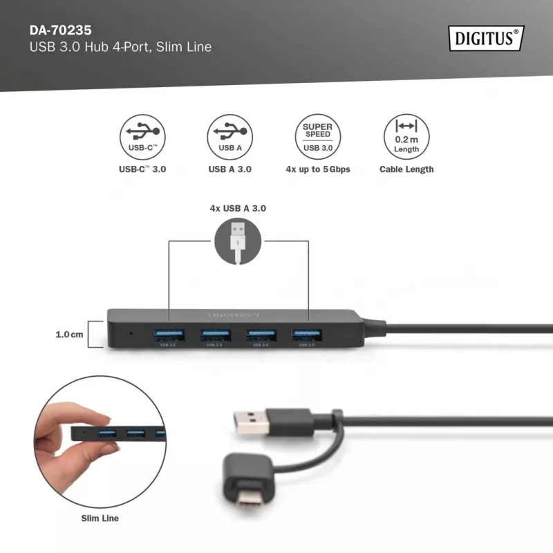 USB-jaotur, Digitus, DA-70235, 4-pordiline, USB 3.2 Gen 1, Type-A ja USB-C, 12000 Mbit/s