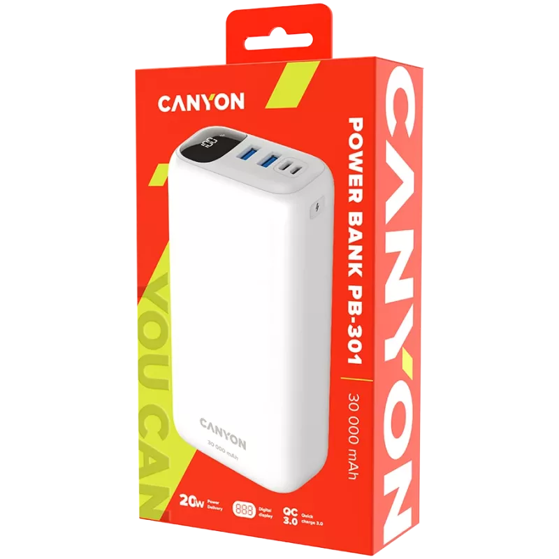 CANYON toitepank PB-301 LED 30000 mAh PD 20W QC 3.0 Valge