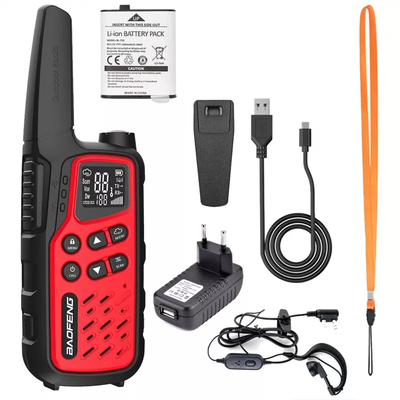 Kaasaskantav raadiosaatja Baofeng BF-T25E — 16 kanalit, 0,5 W, Li-Ion 1400 mAh, komplekt 2 tk (punane)