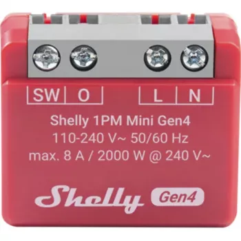 Nutikas lüliti Shelly 1PM Mini Gen4, juhtmevaba 110–240 V AC, max 8 A / 2000 W, plastkorpus 34×16×29 mm