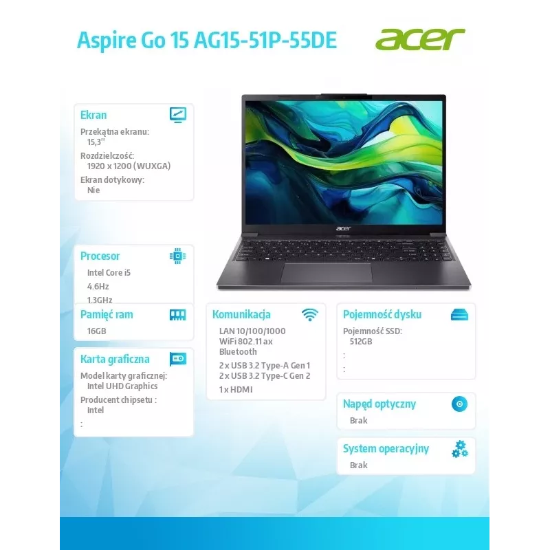 Sülearvuti Aspire Go 15 AG15-51P-55DE i5-1334U 15.3 WUXGA, 16GB, 512GB SSD, NoOS