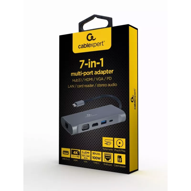 Gembird A-CM-COMBO7-01 sülearvuti dokk/portreplikaator USB 3.2 Gen 1 (3.1 Gen 1) Type-A Hall