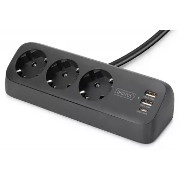 Pistikupesa DIGITUS 3-suunaline 2×USB-A ja 1×USB-C, 3 vahelduvvoolu pistikupesa tüüp E/F, 1,5 m kaabel, must