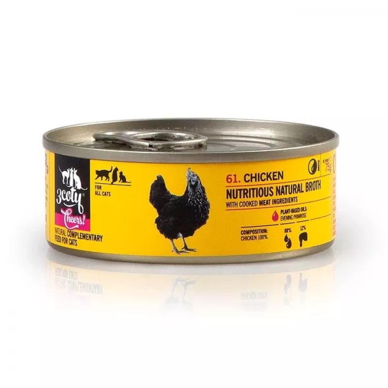 Märg kassitoit 3coty Chicken Cheers 75 g — täisväärtuslik täiskasvanud kasside märgtoit, ühe portsjoni kotike, 12% valku, 7,5% rasva, 80% niiskust