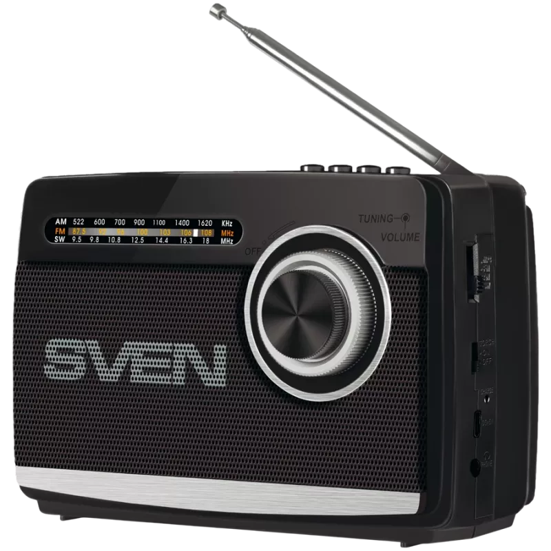Kõlar SVEN SRP-155, must (3W, Bluetooth, FM/AM/Lühilaine, USB, microSD, taskulamp, aku)