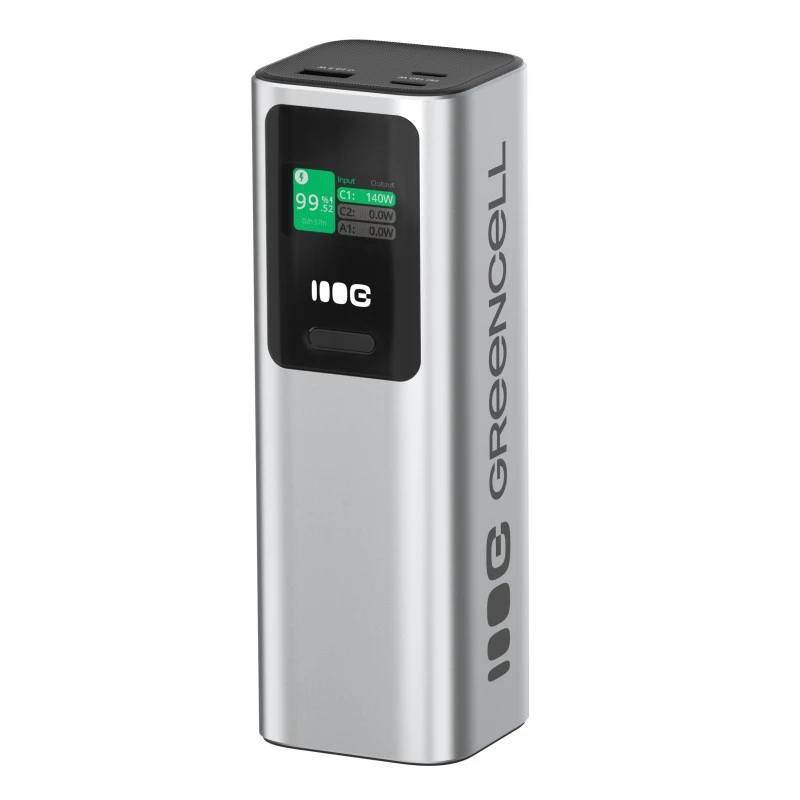 Kaasaskantav aku Green Cell PBGC25UD, 25200 mAh, Li‑Ion, 140 W koguvõimsus, 2× USB‑C + 1× USB‑A, OLED-ekraan, alumiiniumkorp