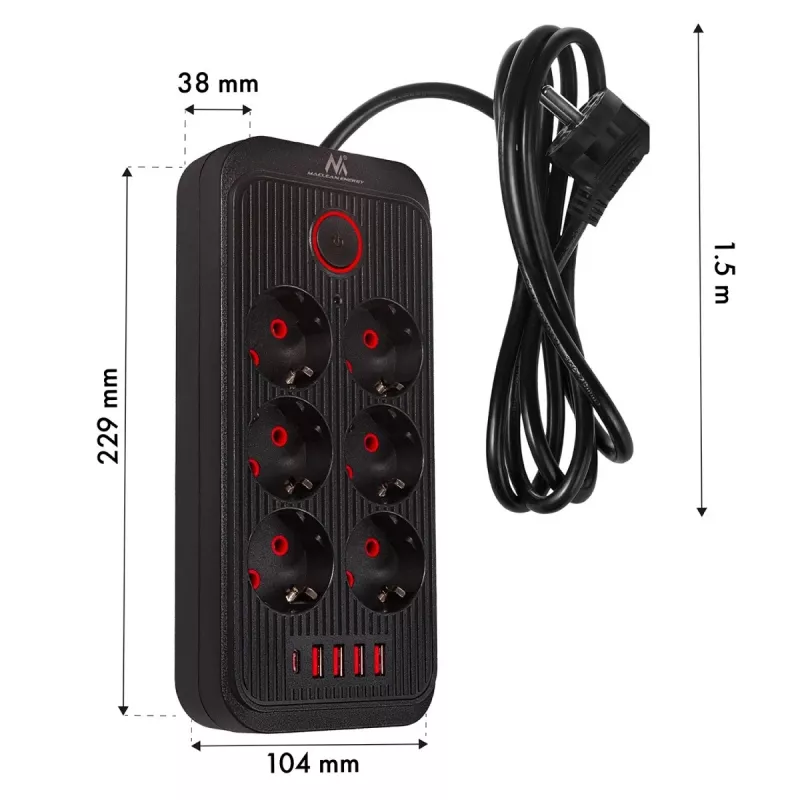 Pistikupesadega pikendusjuhe MACLEAN MCE389 B — 6 pistikupesa, 4×USB-A + 1×USB-C, 110–240V, 2,1A, 2500W, 1,5 m kaabel, must