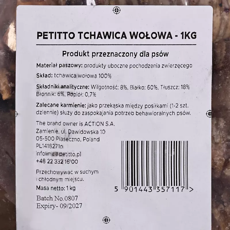 Koerte maiuspalad PETITTO veise hingetoru 1 kg - PETITTO veise hingetoru närimiskont