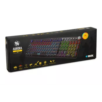 Klaviatuur IBOX AURORA K-6 — täissuuruses QWERTY, RF juhtmevaba + Bluetooth, RGB taustvalgustus, mehaanilised madala profiiliga klahvid, must