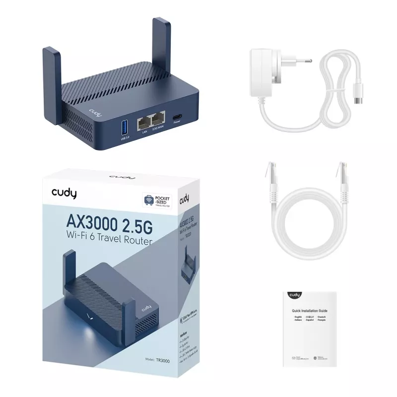 Kaasaskantav ruuter Cudy TR3000 AX3000 Wi‑Fi 6, Gigabit Ethernet WAN/LAN, USB-A, välised antennid, sinine
