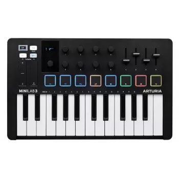 MIDI kontroller ARTURIA MiniLab 3 — 25-klahviga kompaktne USB MIDI klaviatuur koos MIDI Out, mitmevärviliste taustvalgustusega pad'idega