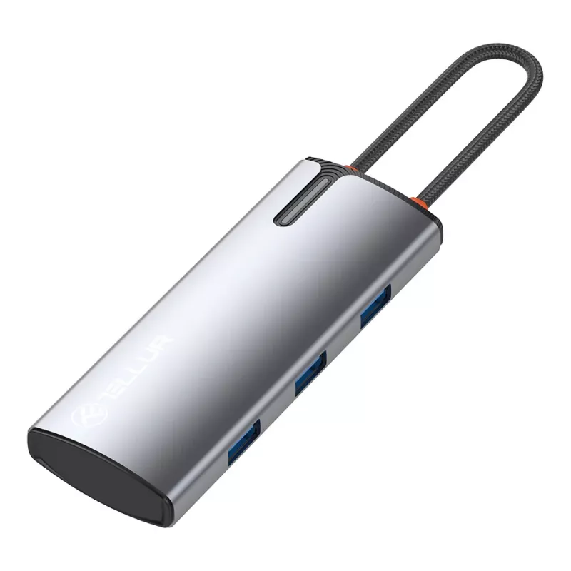 USB-C hubi Tellur TLL321061 koos PD 3.0 100W, HDMI väljundi ja 3× USB 3.0 pordiga