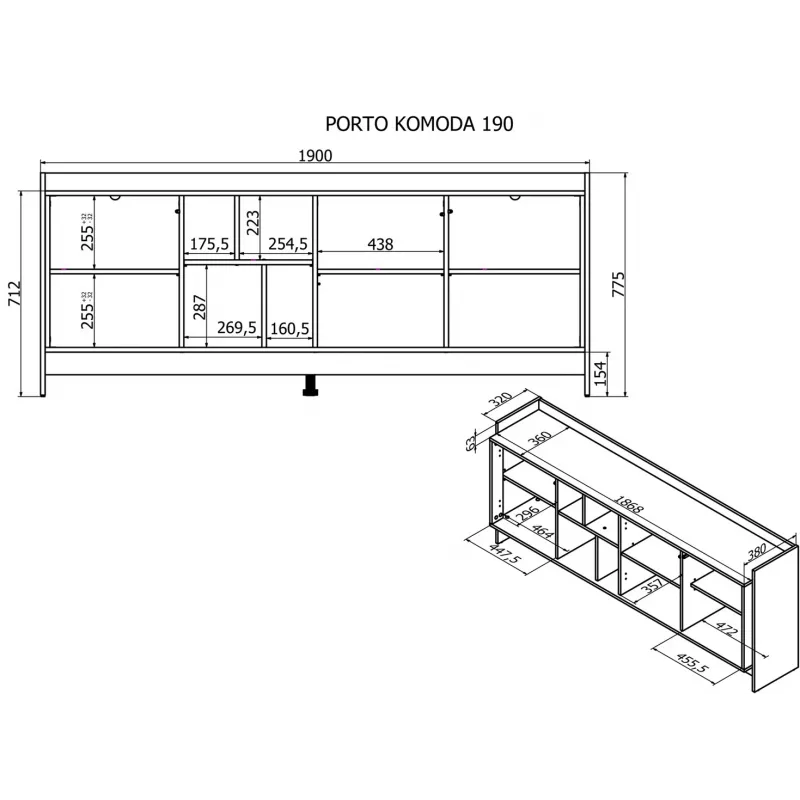Cama PORTO 3D kummut 190x38x77 tamm/must