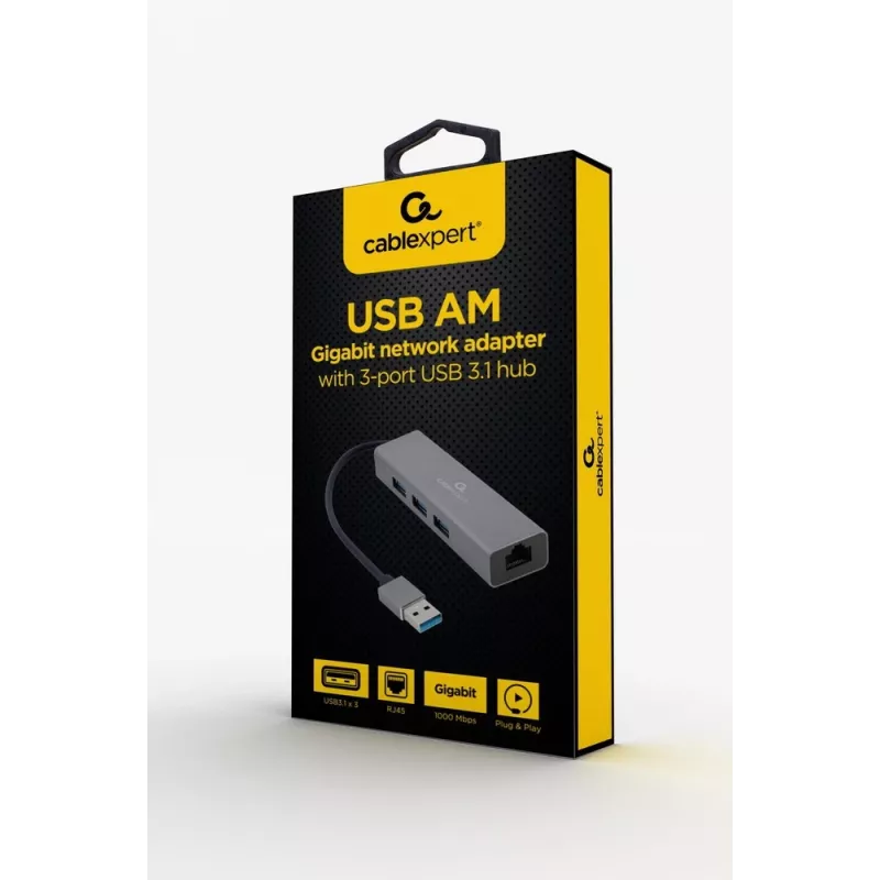 Gembird A-AMU3-LAN-01 USB-A Gigabit LAN-adapter 3-pordilise USB 3.0 jaoturiga, must
