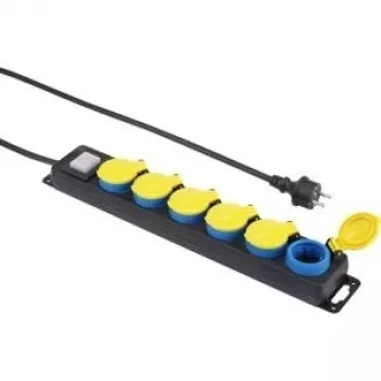 Pikendusjuhe Renkforce 650D-CMB — 6-pesaline lülitatav pikendusjuhe, must kollaste ja siniste pistikupesadega