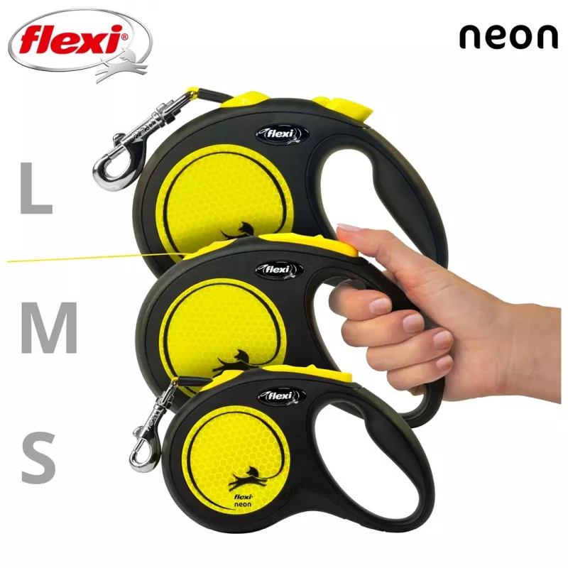 Sissetõmmatav rihm Flexi New NEON 5 m – lindirihm, väikestele koertele kuni 15 kg, must/kollane