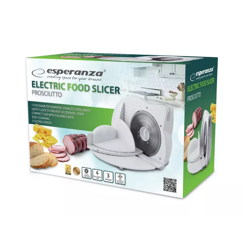 Elektriline toidulõikur ESPERANZA EKM017W — 150 W, 17 cm roostevabast terasest tera, max viil 15 mm, roostevaba terase värvi, plastkorpus