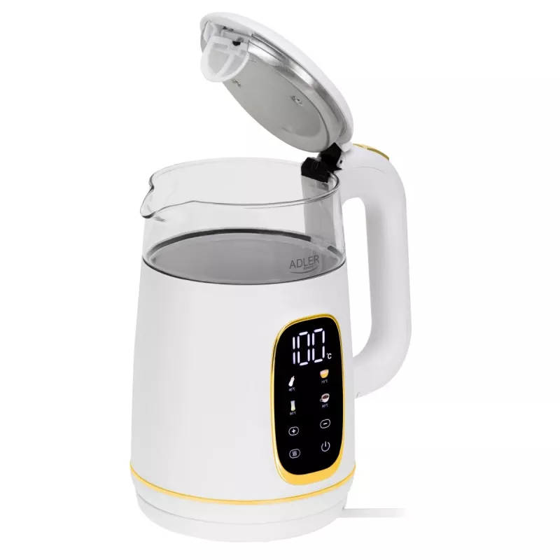 Elektriline veekeetja Adler AD 1305WG — 1,7 l, 2200 W, klaas/plast, valge/kuldne/läbipaistev