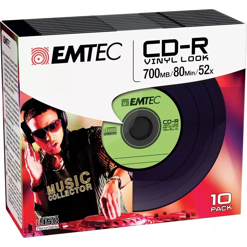 EMTEC Vinyl Look - 10 x CD-R - 700 MB (80 Min) 52x - sinine, kollane, lilla, roheline, roosa - Slim Jewel Case