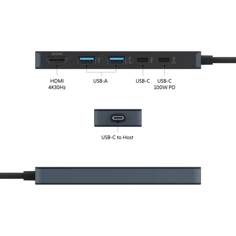 USB-C jaotur HYPER HD4101BKGL — 5 pordiga (USB-C, USB 3.2 Gen1 Type-A, HDMI 4K), 5000 Mbit/s, must