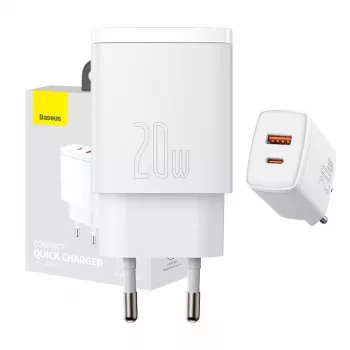 Seinalaadija Baseus Compact 1x USB-A + 1x USB-C 3A, kompaktne reisilaadija