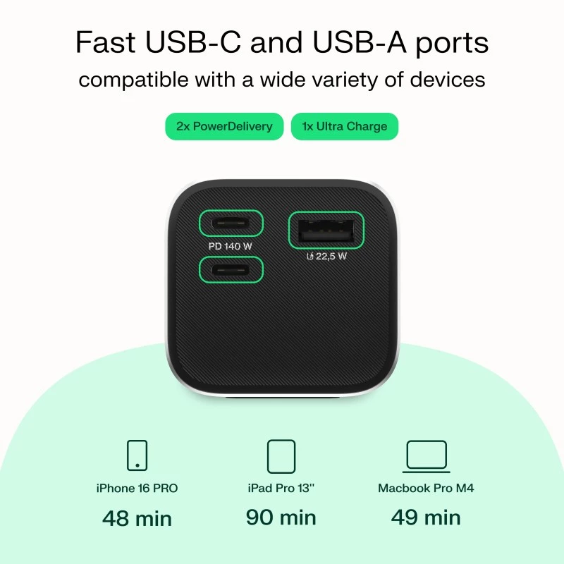 Kaasaskantav aku Green Cell PBGC25UD, 25200 mAh, Li‑Ion, 140 W koguvõimsus, 2× USB‑C + 1× USB‑A, OLED-ekraan, alumiiniumkorp