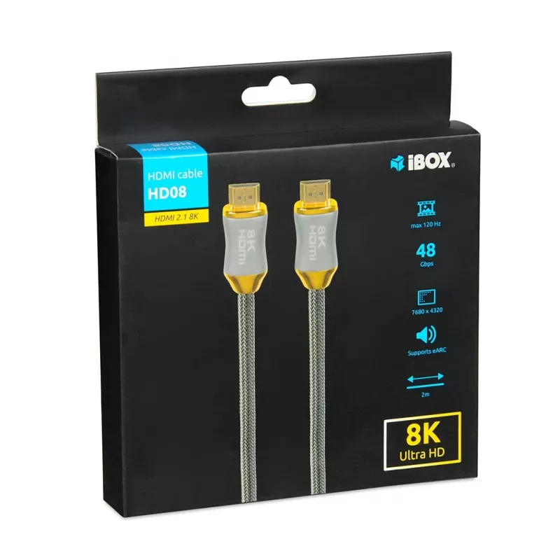 HDMI-kaabel IBOX HD08 2 m, HDMI tüüp A-pistik–isane, HDMI 2.1, hõbedane