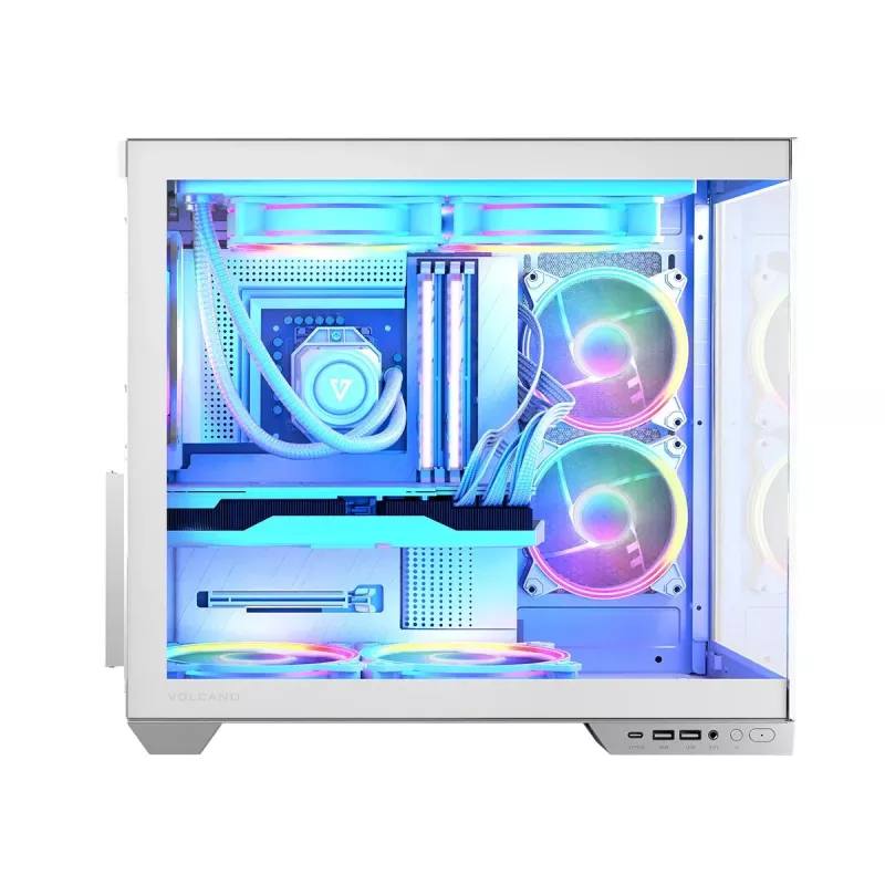 PC korpus MODECOM Volcano Panorama Midi Tower valge — micro ATX, karastatud klaas, ARGB, USB-C, toetab GPU-d 400 mm