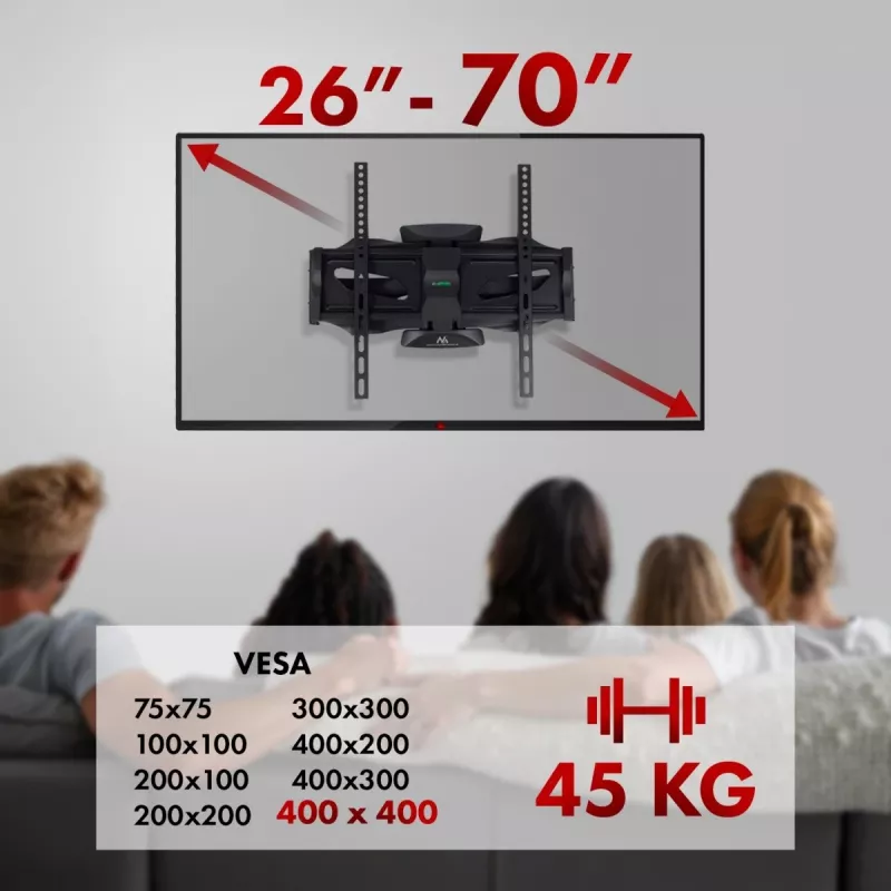 TV seinakinnitus MACLEAN MC-781 ekraanidele 66–177,8 cm (26–70 tolli), kaldenurk -12–2°, VESA 100x100–400x400, max koormus 45 kg, must