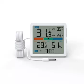 Termomeeter‑hügromeeter MANTA MTO002W välisanduriga (150 cm), siseruumides 0–+50°C, välistingimustes -40–+70°C, õhuniiskus 20–95% RH, mugavusindikaator, kell