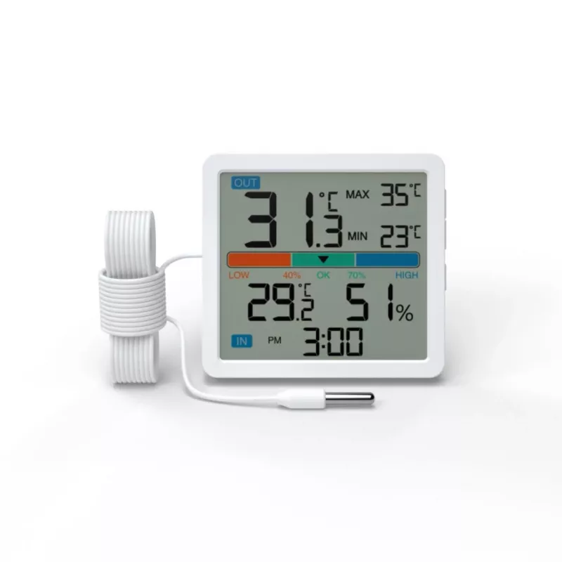 Termomeeter‑hügromeeter MANTA MTO002W välisanduriga (150 cm), siseruumides 0–+50°C, välistingimustes -40–+70°C, õhuniiskus 20–95% RH, mugavusindikaator, kell