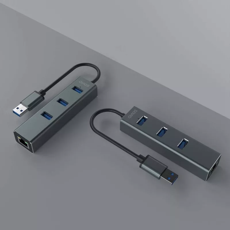 SAVIO USB-A jaotur RJ-45 Gigabit Ethernetiga AK-57 — 3× USB-A + RJ-45, USB 3.2 Gen 1 Micro‑B host, 5 Gbit/s, 4 porti, hall
