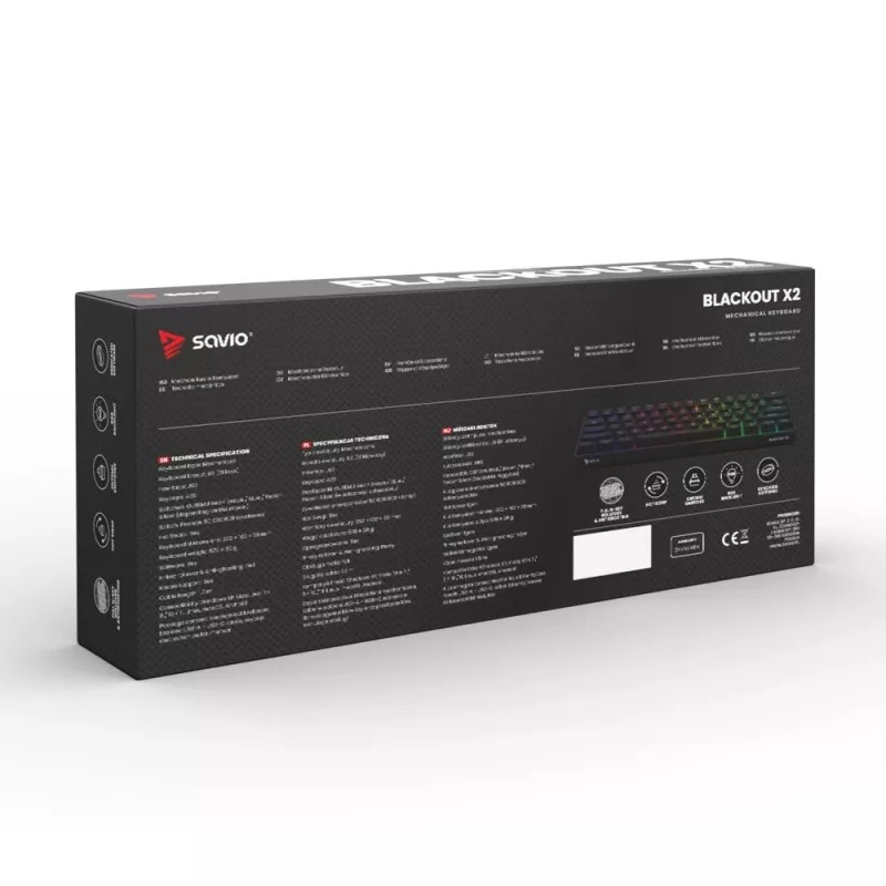 Mehaaniline mänguriklaviatuur SAVIO MustOUT X2 PEACH — 61 klahvi, 60%, QWERTY, RGB LED, hot-swap, USB Type-A/USB-C, eemaldatav kaabel