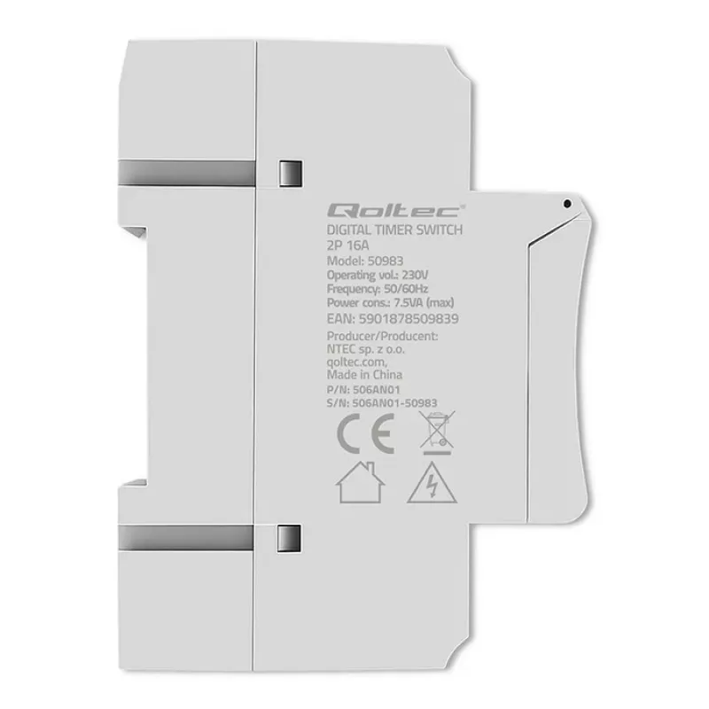 DIN-liistu elektrooniline taimerlüliti QOLTEC 50983, akutoitega, automaatikaskeemidele